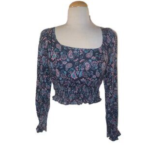 Top Shop Long Sleeve Paisley Crop Top with Tie Detail in Back